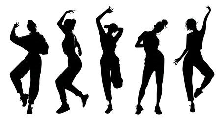 Set of Six Expressive Female Dancer Silhouettes isolated on plain white background.のイラスト素材