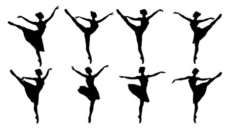 Graceful Dancer on Toes Silhouette Set isolated on plain white background.のイラスト素材