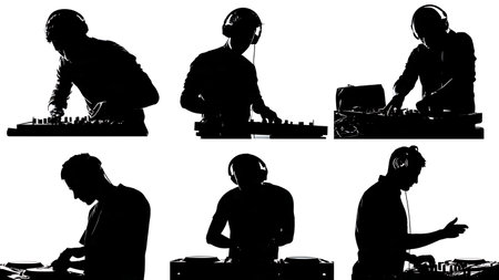 DJ Performing at the Decks Silhouette Set of Six isolated on plain white background.のイラスト素材