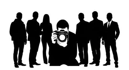 Group Posing for a Photo with a Camera Silhouette Set isolated on plain white background.のイラスト素材