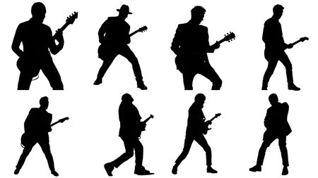 Electric Guitarist Playing in a Club Silhouette Set isolated on plain white background.のイラスト素材
