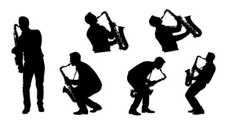 Jazz Club Saxophone Player Silhouettes Set of Six isolated on plain white background.のイラスト素材