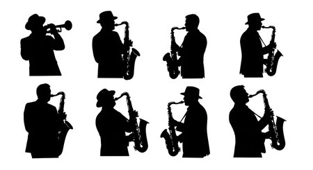 Jazz Club Saxophone Player Silhouettes Set of Six isolated on plain white background.のイラスト素材
