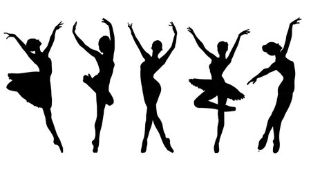 Graceful Dancer on Toes Silhouette Set isolated on plain white background.のイラスト素材