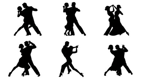 Latin Dance Couples in a Nightclub Silhouette Set isolated on plain white background.のイラスト素材