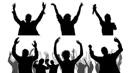 Nightclub Crowd with Hands in the Air Silhouette Collection isolated on plain white background.のイラスト素材