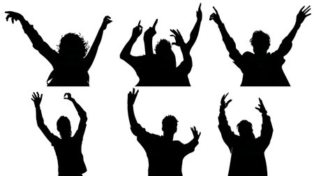 Nightclub Crowd with Hands in the Air Silhouette Collection isolated on plain white background.のイラスト素材