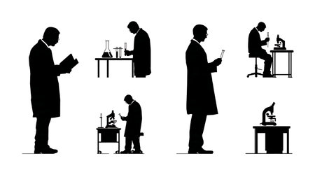 Minimalist Laboratory Professionals Toxicity Testing Silhouettes Set of Six isolated on plain white background.のイラスト素材