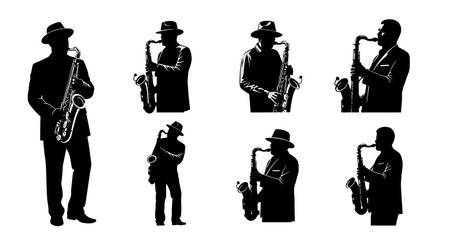 Jazz Club Saxophone Player Silhouettes Set of Six isolated on plain white background.のイラスト素材