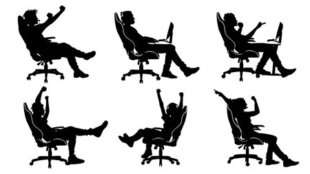 Streamer Leaning Back in Gaming Chair Silhouettes Set isolated on plain white background.のイラスト素材