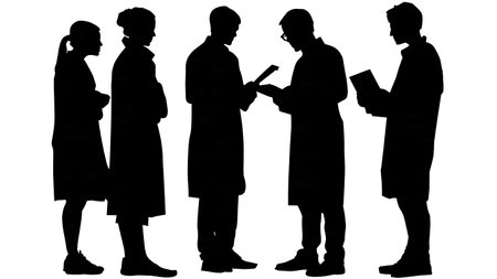 Minimalist Laboratory Professionals in Discussion Silhouettes Set of Six isolated on plain white background.のイラスト素材