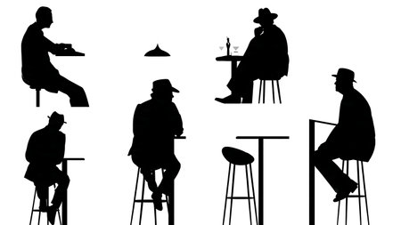 Person Sitting Alone at a Bar Silhouette Set isolated on plain white background.のイラスト素材