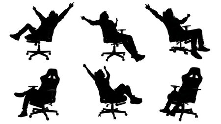Streamer Leaning Back in Gaming Chair Silhouettes Set isolated on plain white background.のイラスト素材