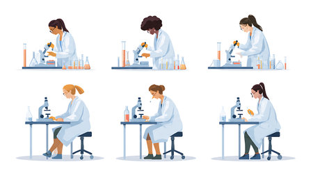 Black Solid Lab Technicians with Cell Viability Assays Silhouettes Set of Six isolated on plain white background.のイラスト素材