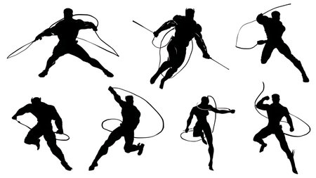 Whip-Wielding Superhero Combat Silhouettes Collection isolated on plain white background.のイラスト素材