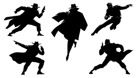 Gritty Vigilante Superhero Noir Silhouettes Pack isolated on plain white background.のイラスト素材
