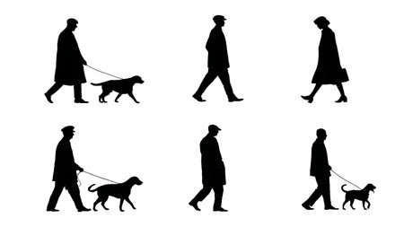 Agent Walking a Dog for Pet-Friendly Property Concepts Silhouettes isolated on plain white background.のイラスト素材