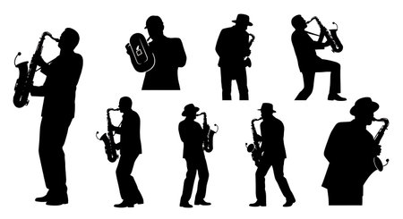 Jazz Club Saxophone Player Silhouettes Set of Six isolated on plain white background.のイラスト素材