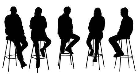 People Sitting on Bar Stools Silhouette Set of Six isolated on plain white background.のイラスト素材