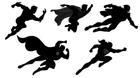 Dynamic Superhero Flying Action Silhouettes Set of Six isolated on plain white background.のイラスト素材