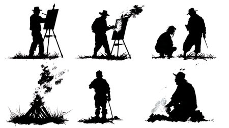 Black Solid Artist Sketching Campfire Silhouettes Set of Six isolated on plain white background.のイラスト素材