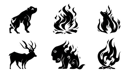 Black Solid Abstract Animal Flame Shape Silhouettes Set of Six isolated on plain white background.のイラスト素材