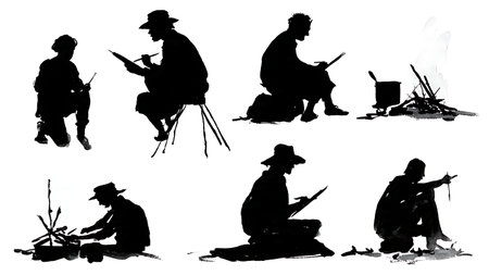 Black Solid Artist Sketching Campfire Silhouettes Set of Six isolated on plain white background.のイラスト素材