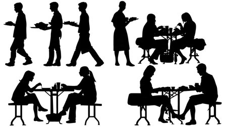 Black Solid Cafeteria & Food Court Eating Silhouettes isolated on plain white background.のイラスト素材
