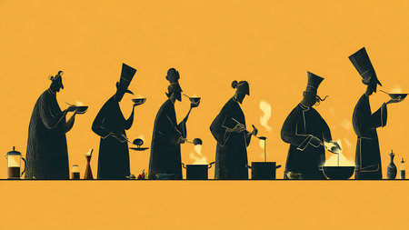 Black Solid Chef Tasting Food in Kitchen Silhouettes isolated on plain white background.のイラスト素材