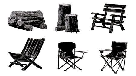 Black Solid Campfire Seating Arrangement Silhouettes isolated on plain white background.のイラスト素材