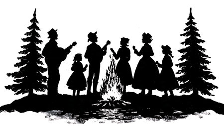 Black Solid Family Singing Carols at Bonfire Silhouettes isolated on plain white background.のイラスト素材