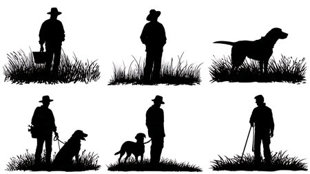 Black Solid Silhouettes of a Farmer and His Dog isolated on plain white background.のイラスト素材