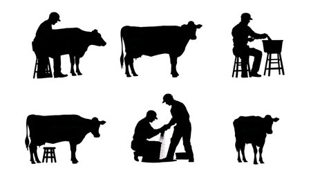 Black Solid Farmer Milking a Cow Silhouette Set of Six isolated on plain white background.のイラスト素材