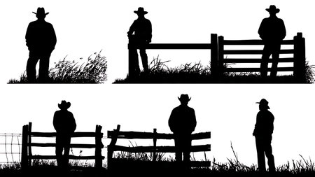Set of Six Black Solid Farmer Leaning on a Gate Silhouettes isolated on plain white background.のイラスト素材