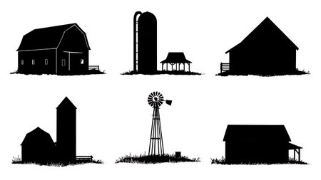 Black Solid Farm Building and Structure Silhouettes Set of Six isolated on plain white background.のイラスト素材
