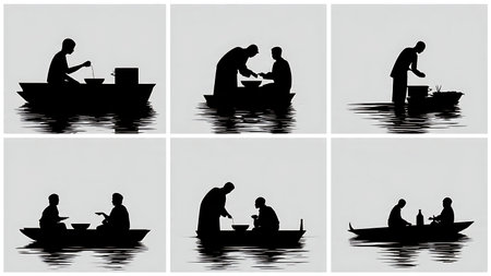Black Solid People Eating on a Boat or Ship Silhouettes isolated on plain white background.のイラスト素材