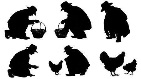 Black Solid Farmer Collecting Eggs Silhouettes Set of Six isolated on plain white background.のイラスト素材