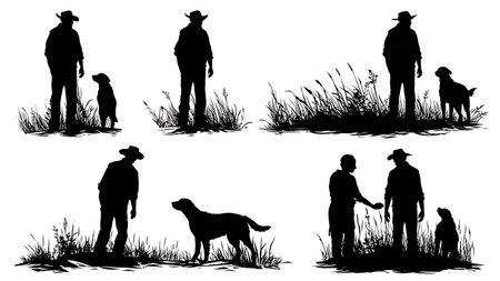 Black Solid Silhouettes of a Farmer and His Dog isolated on plain white background.のイラスト素材