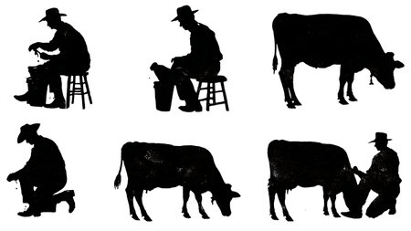 Black Solid Farmer Milking a Cow Silhouette Set of Six isolated on plain white background.のイラスト素材