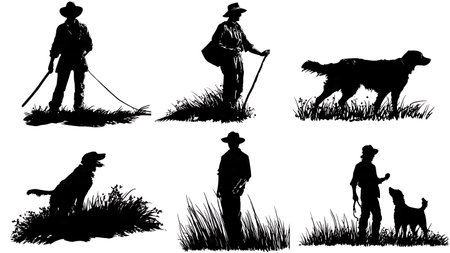 Black Solid Silhouettes of a Farmer and His Dog isolated on plain white background.のイラスト素材
