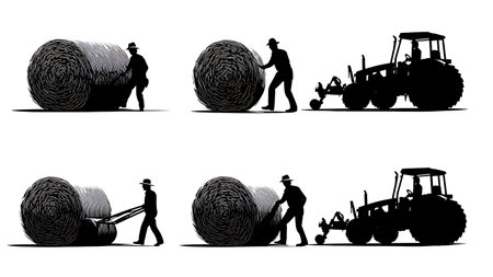 Black Solid Farmer Operating a Hay Baler Silhouettes isolated on plain white background.のイラスト素材
