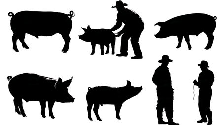 Black Solid Farmer and Pig Interaction Silhouettes Set of Six isolated on plain white background.のイラスト素材