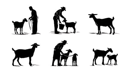 Black Solid Farmer with Goats Silhouette Set of Six isolated on plain white background.のイラスト素材