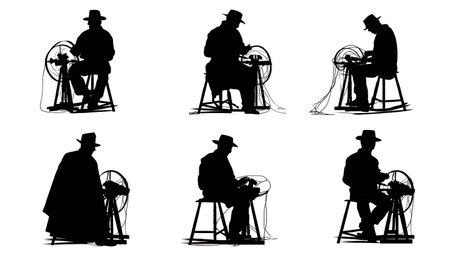 Black Solid Farmer Spinning Wool on a Wheel Silhouettes isolated on plain white background.のイラスト素材