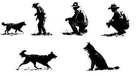 Black Solid Farmer with Herding Dog Silhouettes isolated on plain white background.のイラスト素材