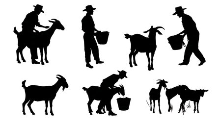 Black Solid Farmer with Goats Silhouette Set of Six isolated on plain white background.のイラスト素材
