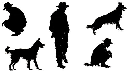 Black Solid Farmer with Herding Dog Silhouettes isolated on plain white background.のイラスト素材