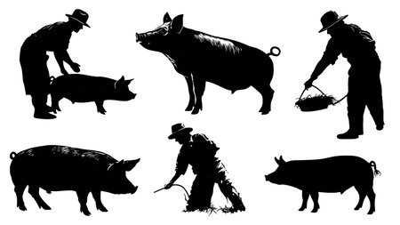 Black Solid Farmer and Pig Interaction Silhouettes Set of Six isolated on plain white background.のイラスト素材