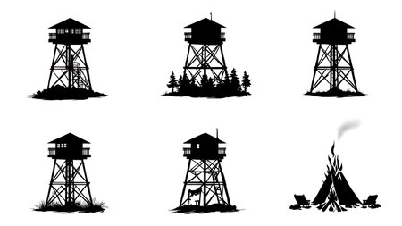 Black Solid Fire Lookout Tower and Campfire Silhouettes isolated on plain white background.のイラスト素材