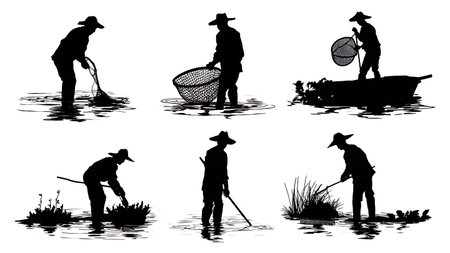 Black Solid Fish Farmer Silhouettes Set of Six isolated on plain white background.のイラスト素材